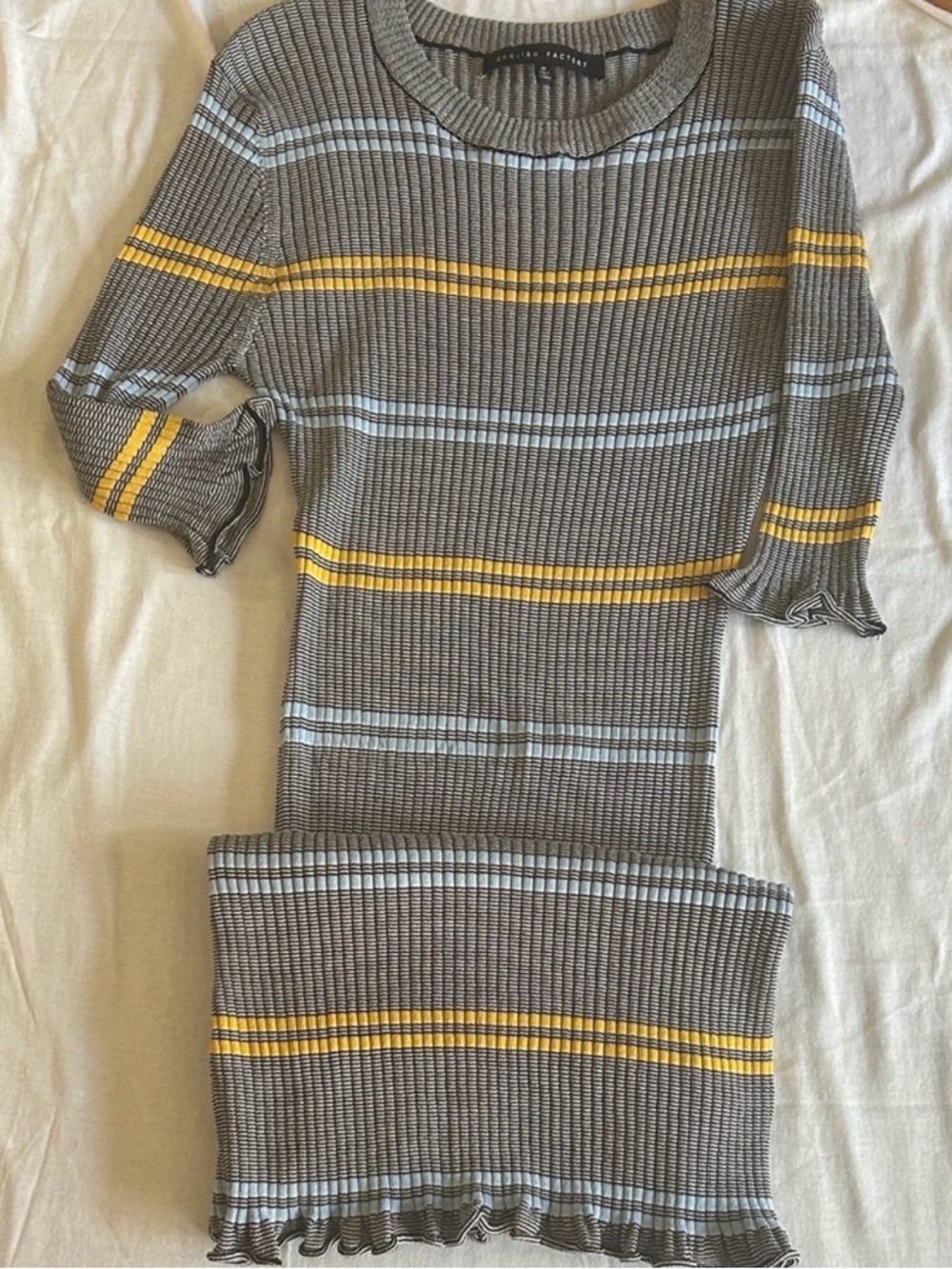 English Factory ribbed dress, with maize and dusty blue stripes, Medium